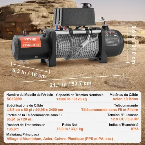 VEVOR Elektrische Seilwinde, 13.500 lb, 12 V DC LKW-Winde mit Φ3/8 Zoll x 80 Fuß Stahlkabel-Rollenführung, kabellose und kabelgebundene Fernbedienung, IP55 wasserdicht zum Abschleppen von Geländewagen, Jeeps, LKWs, Anhängern und Booten – Bild 6