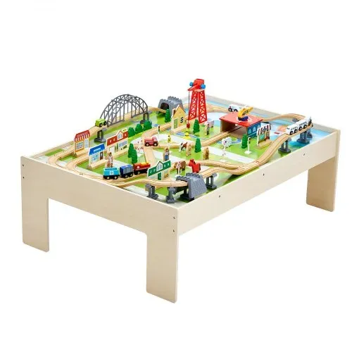 VEVOR Holz Aktivitätstisch, 120-teilig, mit zusammenklappbarem Aufbewahrungsbehälter, 3-in-1-Eisenbahn-Set zum Spielen, Malen, Lesen, Essen, kreatives Spielzeug-Set für Kinder ab 3 Jahren – Bild 8