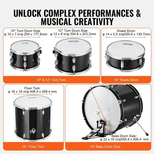 VEVOR Schlagzeug, 5-teilig, Drum in voller Größe mit Bass-Toms, Snare, Standtrommel, verstellbaren Thronständern, Becken, Hi-Hat-Pedal und Drumsticks, Anfänger-Schlagzeug für Erwachsene, schwarz – Bild 2