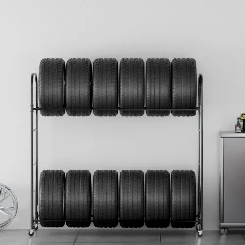 VEVOR Reifenregal Reifenhalter mit 2 Ablagen & Transportanhänger für die Garage, Reifen-Lagerwagen aus Stahl mit Rädern, einstellbarer Höhe und Schutzabdeckung für bis zu 12 Standardreifen – Bild 7