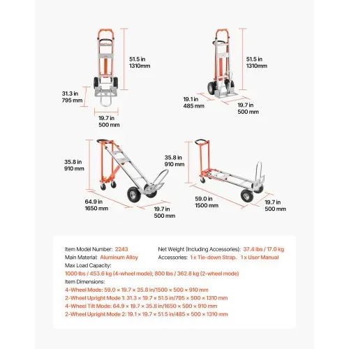 VEVOR 4-in-1-Sackkarre, 453,6 kg Tragkraft im 4-Rad-Modus, umwandelbare Transportkarre mit rutschfestem Griff & Rädern, Handkarre aus Aluminiumlegierung, Transportroller für Umzüge, Büros & Lager – Bild 6