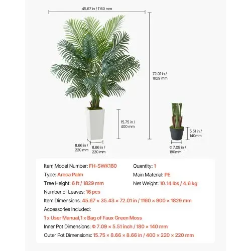 VEVOR Künstliche Areca-Palme, 1,8 m, künstliche tropische Palmenpflanzen mit weißem Pflanzgefäß, Kunstseidenpflanze im Topf, Kunstbaum für Veranden, Wohnzimmer, Terrassen, Zuhause, Büro – Bild 6