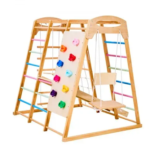 VEVOR Indoor Spielplatz Klettergerüst (9 in 1) aus Holz, 113 kg belastbares Montessori-Kletterspielzeug-Set mit Schaukeln/Klettergerüst/Rutsche/Holzleiter/Strickleiter/Kletternetz/Fels/Stange/Seil – Bild 10
