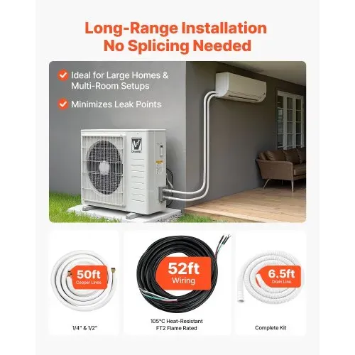 VEVOR Kältemittelleitung 15,24 m, Kupferleitung 6,4 & 12,7 mm Außendurchmesser, AC-Kupferrohr, PE-isolierte Spule, reichhaltige Armaturen, für Mini-Split-Klimaanlage, HVAC oder Wärmepumpensystem – Bild 2