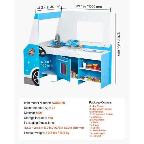 VEVOR Eiswagen für Kinder, über 20 Zubehörteile, Eisdiele aus Holz mit Lenkrad und Tafel, Zahlungsscanner und Gefrierschrank, Wasserhahn und Spüle, geeignet für Kinder von 3–7 Jahren, blau – Bild 6