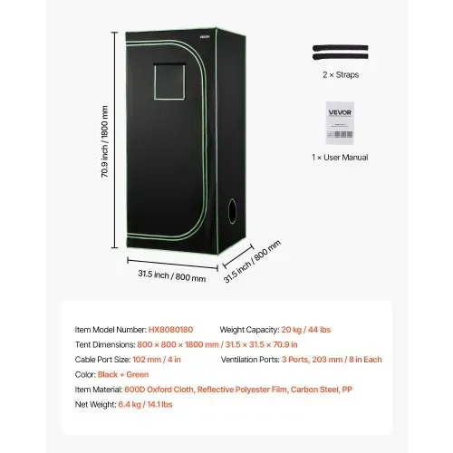 VEVOR Growzelt, 80x80x180 cm, Growbox 600D hochreflektierendes Mylar, Indoor-Pflanzenzelt mit Beobachtungsfenster, Bodenwanne & Reißverschluss, Gewächshaus Zuchtzelte für Obst, Blumen & Gemüse – Bild 6