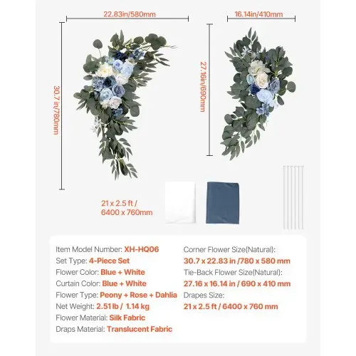VEVOR Künstliches Blumenset für Hochzeit Bogen, blaue Blumen für Traubogen mit Vorhängen (4er-Set) – 2 Blumenarrangements, 2 transparente Vorhänge, für Zeremoniensträuße, Empfangshintergrunddekoration – Bild 6
