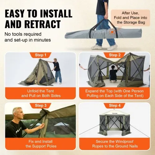VEVOR Pop-Up-Pavillonzelt, Pop-Up-Zelt mit 6-seitigem Baldachin, Sonnenschutz mit 6 abnehmbaren Sichtschutz-Windtüchern und Netzfenstern, 10 x 10 Fuß, Schnellaufbau-Zelt mit Moskitonetz, Armeegrün – Bild 4