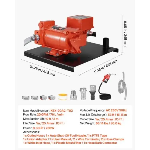 VEVOR Kraftstoff Transferpumpe, 230 V AC, Diesel-Transferpumpe, 76 l/min, mit Durchflussmesser, automatischer Abschaltung der Kraftstoffdüse, Förderschlauch, für Benzin, Kerosin, Biodiesel, Ethanol – Bild 6