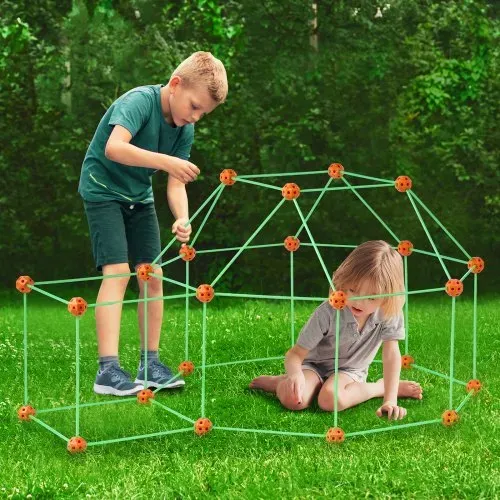 VEVOR Festungsbausatz für Kinder, 140-teiliges im Dunkeln leuchtendes STEM-Bauspielzeug, pädagogisches Geschenk für 4 5 6 7 8+ Jahre alte Jungen und Mädchen, Spielzelt für drinnen und draußen, Konstruktionsspielzeug mit 96 Stäben und 44 Bällen – Bild 7