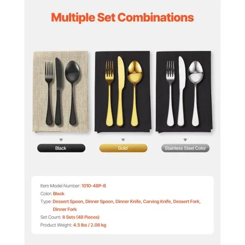 VEVOR 48-teiliges Besteckset aus lebensmittelechtem Edelstahl, hochglanzpoliertes Essbesteck-Set, spülmaschinenfestes Essgeschirr für die Küche, Service für 8 Personen, inkl. Messer Gabel Löffel – Bild 6