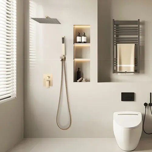 VEVOR Duscharmatur Regenduschsystem fürs Badezimmer Duschsystem mit 305 mm quadratischen Regenduschkopf & Handbrause, wandmontierte Badezimmerarmaturen mit Messingventil & Zierset, gebürstetes Gold – Bild 7