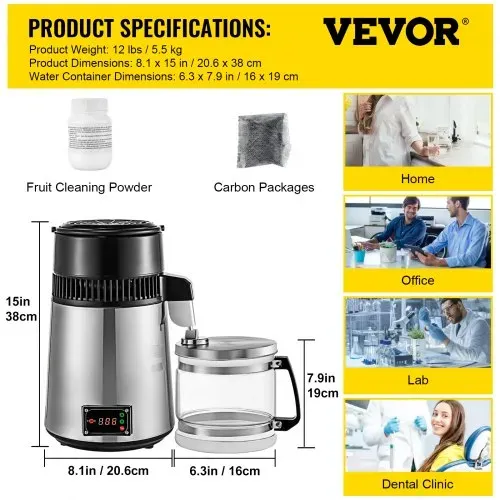 VEVOR Wasser Destilliergerät SC-3 Profi Wasserdestiller aus Edelstahl, 750 W Leistung und 4 L Fassungsvermögen Wasserdestilliergerät, für Labors, Krankenhäuser, Büros, Destillationseffizienz 1L / h – Bild 6