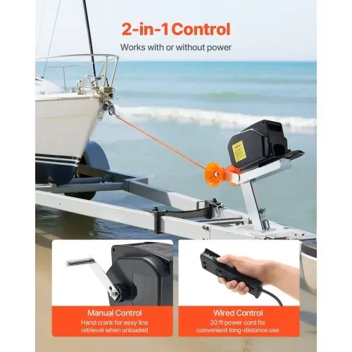 VEVOR Elektrische Seilwinde, 12 V DC 300 W, umkehrbare Bootwinde für Boote bis 900 kg, Power-In-, Power-Out- & Freilaufbetrieb für Boote mit kabelgebundener Fernbedienung & Handkurbel – Bild 3
