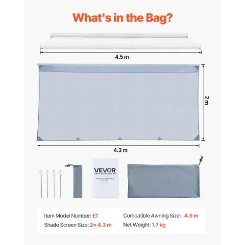 VEVOR Sonnenschutz (2 x 4,3 m) für Markisen (4,5 m), Markisen-Vorderwand aus Polyester-Netzgewebe, Doppelt Genähter & Atmungsaktiver Sichtschutz für Wohnmobil, Camping & Wohnwagen – Bild 6