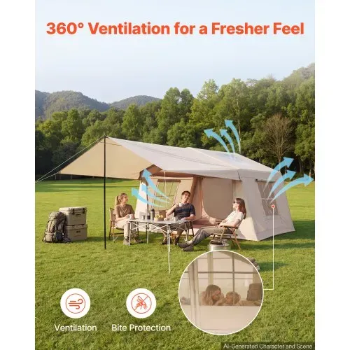 VEVOR Aufblasbares Zelt Luftzelt 3-5 Personen mit Pumpe & Sonnendach Beige, für Outdoor-Aktivität Wasserabweisendes 420D Oxford-Gewebe mit Dachfenster Ofenrohrdurchführung & Netzfenster Windstabil – Bild 5