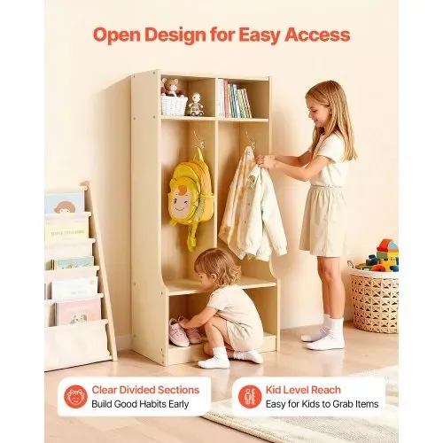 VEVOR Offener Kinderkleiderschrank aus Sperrholz, Kindergarderobe mit 4 Haken & 6 Fächern (2 Groß + 4 Klein), Garderobenregal & Aufbewahrungsregal für Kinderzimmer Zuhause Kindergarten Kita – Bild 2