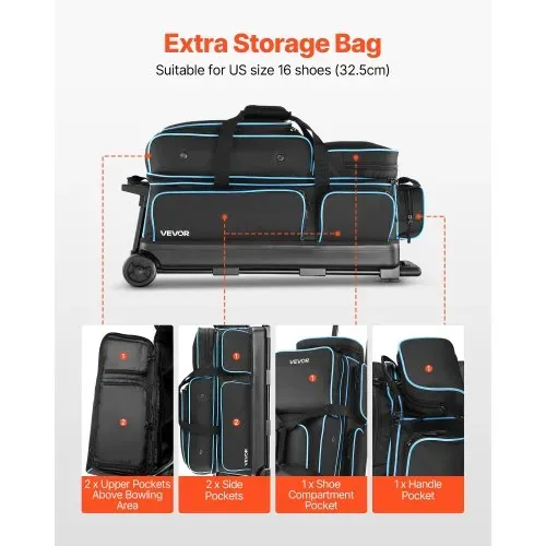 VEVOR Bowlingballtasche für 3 Bälle mit Doppelrollen & separatem Fach für Schuhe (bis US-Größe 16) & übergroßer Zubehörtasche, einziehbarer Griff lässt sich auf 105 cm ausziehen Schwarz + Blau – Bild 4