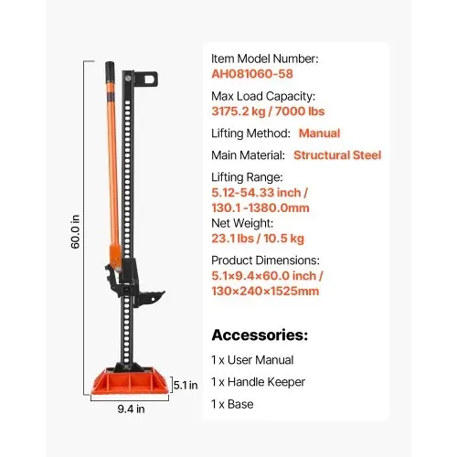 VEVOR Farm Wagenheber Offroad mit Sockel High Lift Farm Jack (3,18 t) Offroad-Nutzwagenheber, Stoßstangenheber Hochleistungshebebühnen mit 130,1–1380 mm Hubbereich für Traktor Lkw SUV – Bild 6