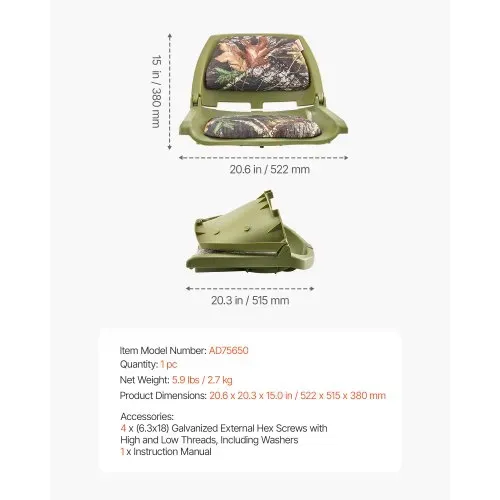 VEVOR Bootssitz Bootsstuhl mit niedriger Rückenlehne Fischerbootsitz mit dickem Schwammkissen & PU-Polyestergewebe, hochklappbarer Bootssitz für Fischerboote Yachten Schiffe Tarnfarbe – Bild 6