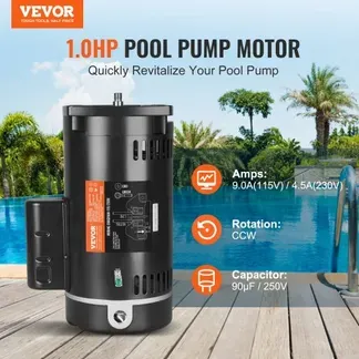 VEVOR 1 PS Poolpumpenmotor, 56Y Rahmen, 115V(9 Ampere)/230V(4.5 Ampere) 3450U/min, 60Hz, 1.25 Betriebsfaktor, 90μF/250V Kondensator, CCW Rotation Vierkantflansch Ersatzmotor VEVOR 1 PS Poolpumpenmotor, 56Y Rahmen, 115V(9 Ampere)/230V(4.5 Ampere) 3450U/min, 60Hz, 1.25 Betriebsfaktor, 90μF/250V Kondensator, CCW Rotation Vierkantflansch Ersatzmotor