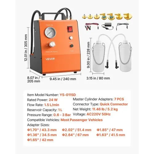 VEVOR Elektrisches Bremsenentlüftungsset Automatisches Bremsflüssigkeits-Entlüftungsgerät mit 7 Hauptbremszylinderadaptern zwei Netzteilen 0,6-3 bar Bremsdruck-Entlüftungspumpe für Viele Pkw – Bild 6