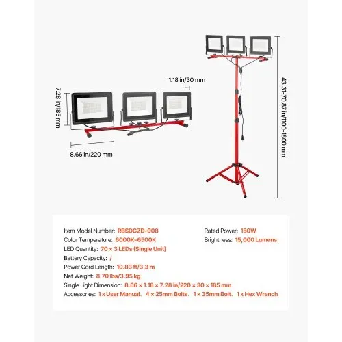 VEVOR Baustrahler LED mit Stativ, 15000 Lumen, 6000-6500K Arbeitsleuchte mit drei Köpfen, Einzelschalter, und 3,3 m Netzkabel, für Baustellenbau im Innen- und Außenbereich, IP65 wasserdicht – Bild 6