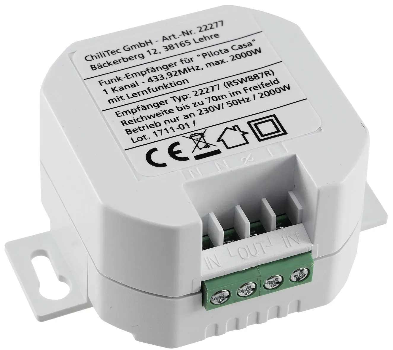 Funk-Empfänger für “Pilota Casa” 1-Kanal max. 2300W, ERSETZT einen Schalter Funk-Empfänger für “Pilota Casa” 1-Kanal max. 2300W, ERSETZT einen Schalter