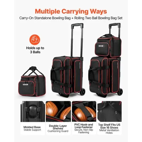 VEVOR 1 Bowlingtasche mit Rollen + 1 Bowlingtasche (Mini) für 2+1 Kugeln 600D Oxford Rot Schwarz, für Schuhe bis US-Größe 16 und Zubehör, mit Teleskopgriff (bis zu 1016 mm) und Doppellagigen Ablagen VEVOR 1 Bowlingtasche mit Rollen + 1 Bowlingtasche (Mini) für 2+1 Kugeln 600D Oxford Rot Schwarz, für Schuhe bis US-Größe 16 und Zubehör, mit Teleskopgriff (bis zu 1016 mm) und Doppellagigen Ablagen