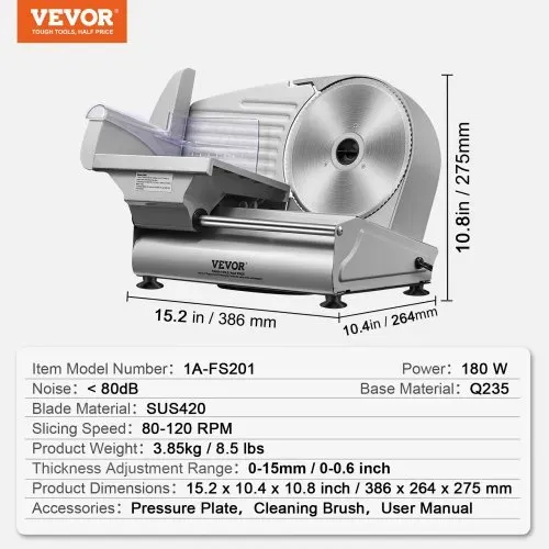 VEVOR Heimgebrauch Fleisch Allesschneider 180 W, 80–120 U/min Elektrische Aufschnittmaschine Lebensmittelschneider mit SUS420 Klingen, 0–15 mm Einstellbare Dicke für Fleisch, Käse usw. – Bild 6