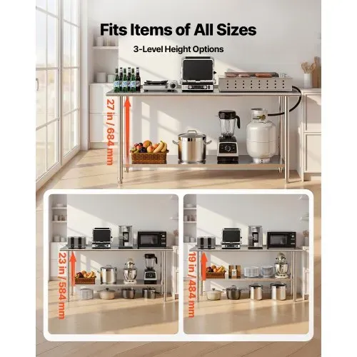 VEVOR Edelstahltisch Gastro 1829 x 610 x 894 mm, Verstellbarer Edelstahltisch mit Aufkantung, Arbeitstisch mit Grundboden für Restaurant Schwerlast Obere Ablage (263 kg) Untere Ablage (218 kg) – Bild 5