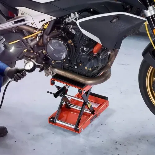 VEVOR Motorradheber 680 kg Tragkraft Motorradhebebühne mit Breiter Auflagefläche Sicherheitsbolzen 105-350 mm Höhenverstellbar Scherenheber aus Stahl für Straßenmotorräder Cruiser Schwarz Orange – Bild 7