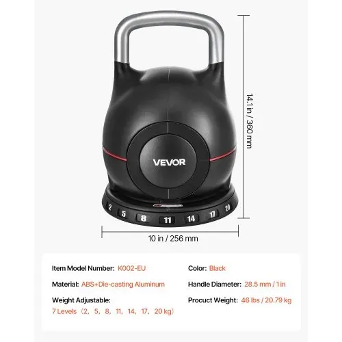 VEVOR Kugelhantel verstellbare Kettlebell mit 7 Gewichtsstufen (2/5/8/11/14/17/20 kg), Schwunghantel aus ABS + Aluminium-Druckguss, für Griffkrafttraining Ganzkörpertraining Cross-Training Schwarz – Bild 6