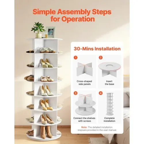 VEVOR Schuhregal Schuhschrank für 28 Paar Schuhe (7-stöckig) 360° drehbar, platzsparende Schuhaufbewahrung, Schuhablage für Schlafzimmer Wohnzimmer Eingangsbereich, Weiß 598 x 598 x 1620 mm – Bild 5