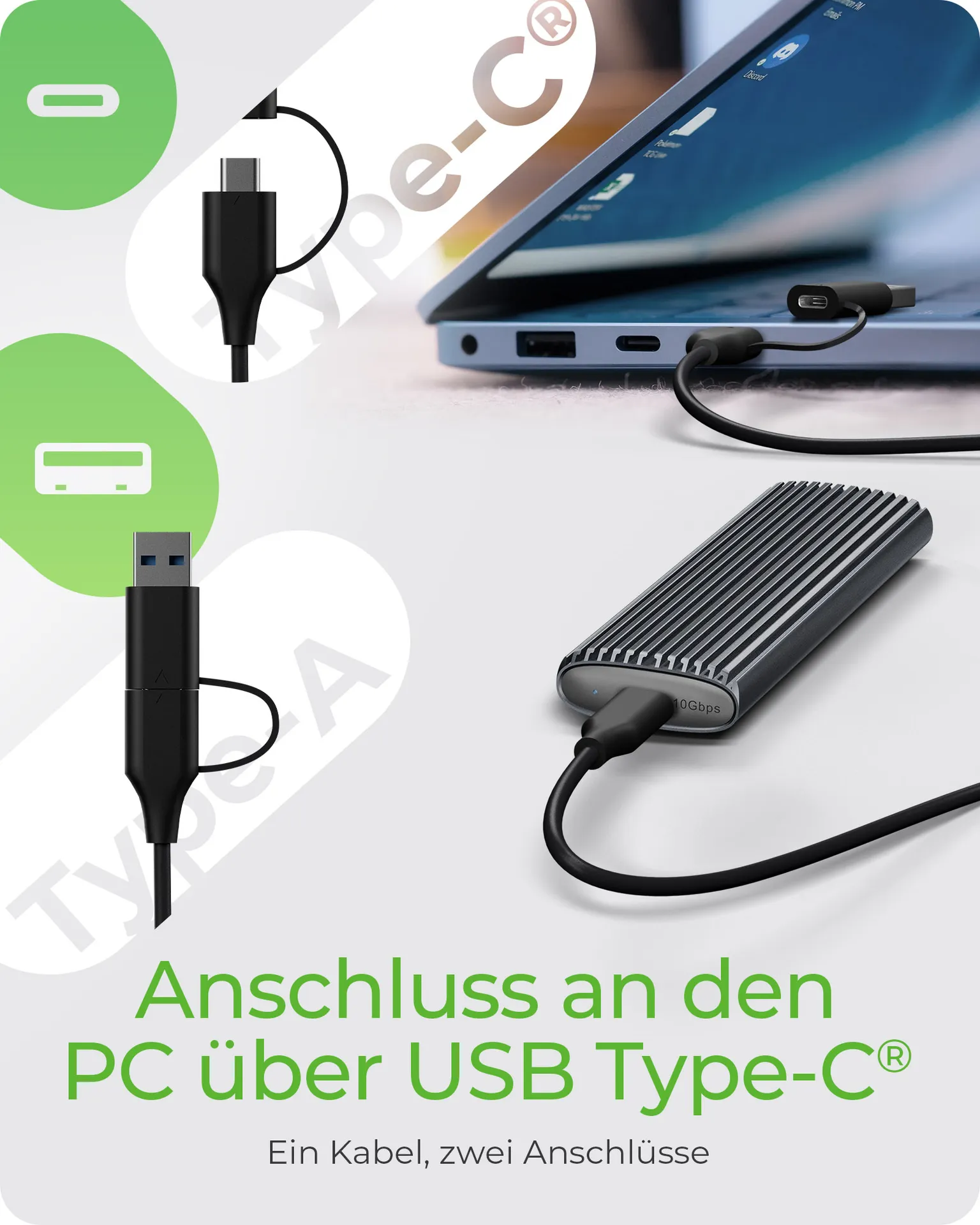 ICY BOX IB-1808MCT-CU31, Type-C®/A USB 3.2 Gen 2 zu NVMe/SATA M.2 2230/2242/2260/2280 SSD Gehäuse, Werkzeuglos, schwarz – Bild 6