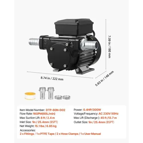 VEVOR Kraftstofftransferpumpe, 230V AC, elektrische Diesel-Transferpumpe, 60 L/min, maximale Saughöhe 2,4 m, maximale Förderhöhe 13,7 m, für Kerosin, Biodiesel, landwirtschaftliche Maschinen – Bild 6