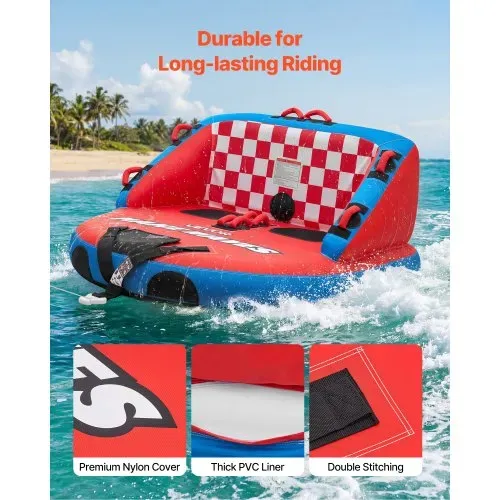 VEVOR Towable Tube für Boote, Wassersport-Schleppreifen für 2 Personen, bis 154 kg Tragfähigkeit, mit 2 Zugpunkten, Nylonhülle, Gepolsterten Griffen und Sicherheitsventil, für Seen, Flüsse, Rot – Bild 3