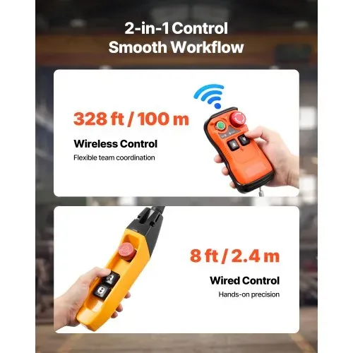 VEVOR Elektrischer Kettenzug 1000 kg, 3 m Hubhöhe, 230 V Einphasen-Brückenkran mit 100 m Funk- & 2,4 m Kabelfernbedienung, Notstopp, 2-in-1 Elektrokettenzug für Fabriken, Lagerhallen, Garagen – Bild 3