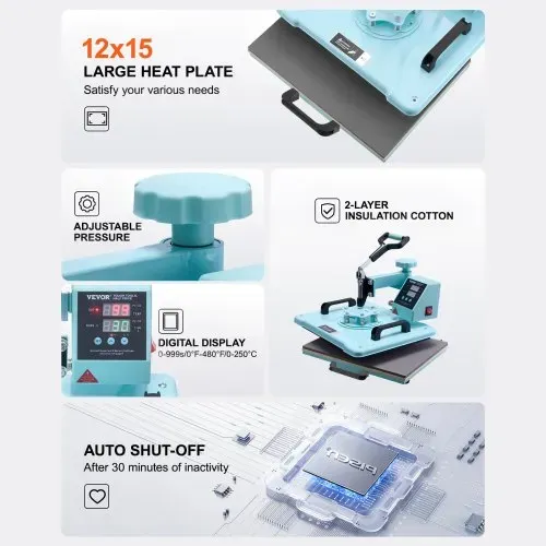 VEVOR Hitzepresse, 12 x 15 Zoll, 5-in-1-Wärmeübertragungsmaschine mit 30-oz-Tumbler-Presse, 360° wegschwenkbares T-Shirt-Pressen, digitale präzise Steuerung, für T-Shirts/Tassen/Hüte/Teller, grün – Bild 5