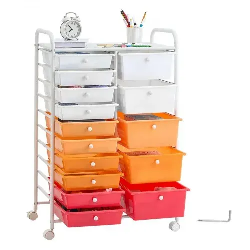 VEVOR Rollwagen mit 15 Schubladen Doppelreihe 630x385x965mm Farbverlauf Rot, Metallgestell, Ablagefläche, Handgriffe, Lenkrolle mit 2 Bremsen, Mobiler Schubladenwagen für Büro Werkstatt Bastelzimmer – Bild 8