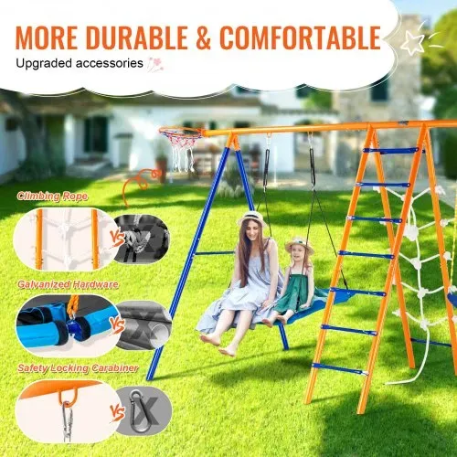 VEVOR Schaukel-Sets für den Garten, 6-in-1-Schaukel-Set mit 2 Schaukeln, Trapezstange, Kletterleiter, Kletternetz und Basketballkorb, 200 kg Tragkraft, robustes Metall-Schaukel-Set für den Außenbereich für Kinder ab 3 Jahren – Bild 3