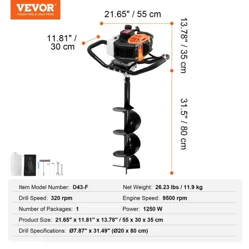 VEVOR Erdbohrer mit Benzinmotor, 43 CC, 1250 W, Benzinbohrer mit 8-Zoll-Bohrkronen, Lochspaten für Pfostenzäune für Ackerland, Gartenpflanzen, Orange+Schwarz – Bild 6