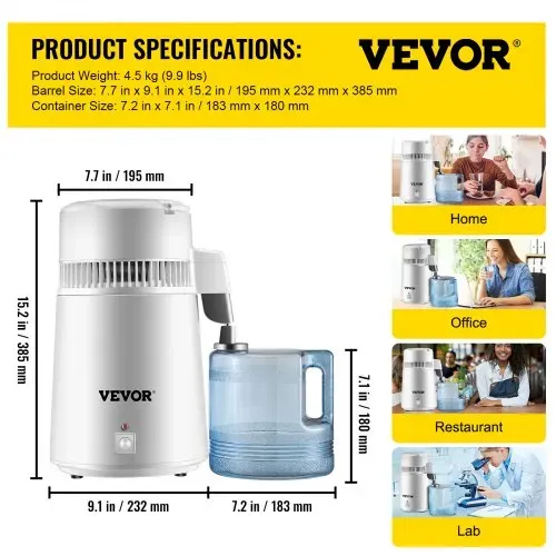 VEVOR Wasserdestilliergerät Trinkwasser, 750 W Wasser Destilliergerät 1,3 L/H Destilator Wasser Destilliergerät, 304 Edelstahl weißes Destilliermaschine mit Handgriff, Thermostat – Bild 6
