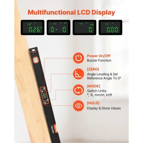VEVOR Digitale Wasserwaage mit LCD-Display, 120 cm Richtwaage mit 3 Libellen 90°/45°/0°, Meganetische Maurerwaage mit IP54 Wasserschutz & 2 Batterien, 360° Messwerkzeug für Baustelle Hausrenovierung – Bild 2