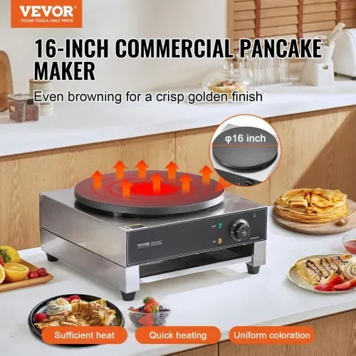 VEVOR elektrischer Crepemaker Crepe-Maschine 3000 W flache Crepe-Grillplatte 40 cm, antihaftbeschichteter fannkuchenherd aus Edelstahl, runder Cerealien-Pfannkuchenherd, Temperaturregelung VEVOR elektrischer Crepemaker Crepe-Maschine 3000 W flache Crepe-Grillplatte 40 cm, antihaftbeschichteter fannkuchenherd aus Edelstahl, runder Cerealien-Pfannkuchenherd, Temperaturregelung