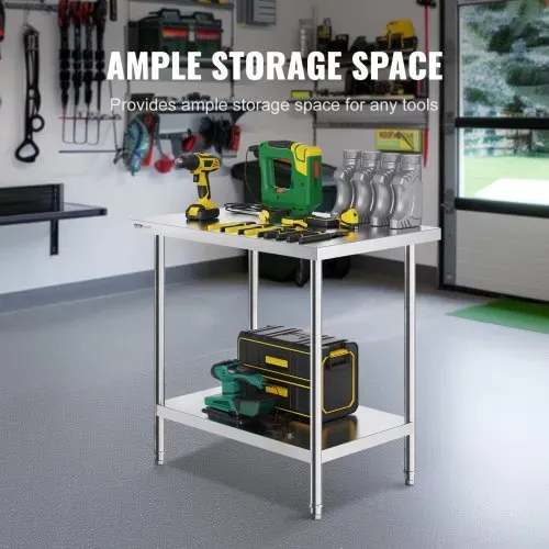 VEVOR Zubereitungstisch aus Edelstahl, 61 x 91 x 86 cm, 340 kg Tragkraft, robuster Metall-Arbeitstisch mit 3 einstellbaren Höhenstufen, gewerbliche Arbeitsstation für Küche, Garage, Restaurant, Hinter – Bild 3