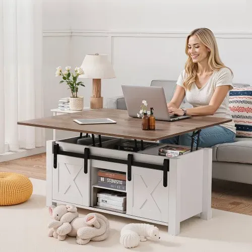 VEVOR Lift Top Couchtisch 100 cm, rustikaler Kaffeetisch mit Scheunentor & verstecktem Staufach, rechteckige Hubtischplatte für Wohnzimmer Büro Zuhause, Wohnzimmertisch Sofatisch Braun + Weiß – Bild 7