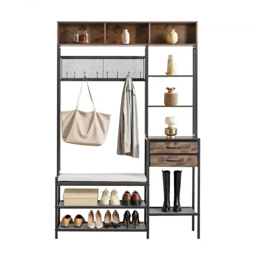 VEVOR Multifunktionale Flurgarderobe (120 x 40 x 180 cm) mit Schuhbank & 2 Schubladen, Garderobenständer mit Bücherablage & Metallgitter, Garderobe mit Stahlrahmen für Eingangsbereich Schlafzimmer – Bild 8
