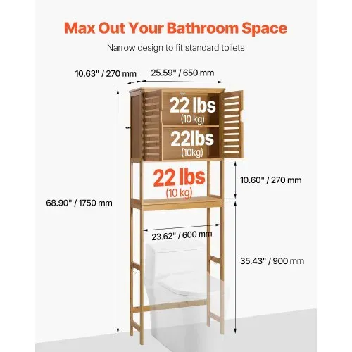 VEVOR Toilettenschrank Badezimmerschrank mit Doppeltür & verstellbarem Regal, platzsparender 3-stöckiger Badschrank über der Toilette mit offenem Regal, 65x27x175 cm Aufbewahrungsschrank Natur VEVOR Toilettenschrank Badezimmerschrank mit Doppeltür & verstellbarem Regal, platzsparender 3-stöckiger Badschrank über der Toilette mit offenem Regal, 65x27x175 cm Aufbewahrungsschrank Natur