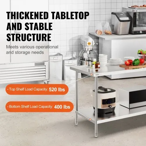 VEVOR Zubereitungstisch aus Edelstahl, Robuster Arbeitstisch aus Metall mit 3 einstellbaren Höhenstufen, Arbeitsstation für Küche, Garage, Restaurant, Hinterhof 762 x 1829 x 864 mm – Bild 2